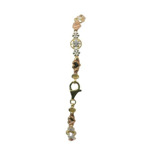 14KT Gold Bracelet Women's Tri Tone Tennis with Alternating White CZ Stones, Flowers, and Double Horizontal Hearts Pattern with Beaded Border and Lobster Clasp