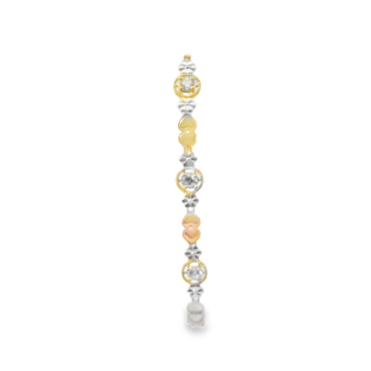 14KT Gold Bracelet Women's Tri Tone Tennis with Alternating White CZ Stones, Flowers, and Double Vertical Rose Gold and White Gold Hearts Pattern with Beaded Border and Lobster Clasp
