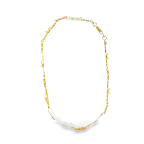 14KT Gold Bracelet Women's Tri Tone Tennis with Alternating White CZ Stones, Flowers, and Double Vertical Rose Gold and White Gold Hearts Pattern with Beaded Border and Lobster Clasp