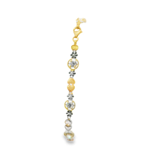 14KT Gold Bracelet Women's Tri Tone Tennis with Alternating White CZ Stones, Flowers, and Double Vertical Rose Gold and White Gold Hearts Pattern with Beaded Border and Lobster Clasp