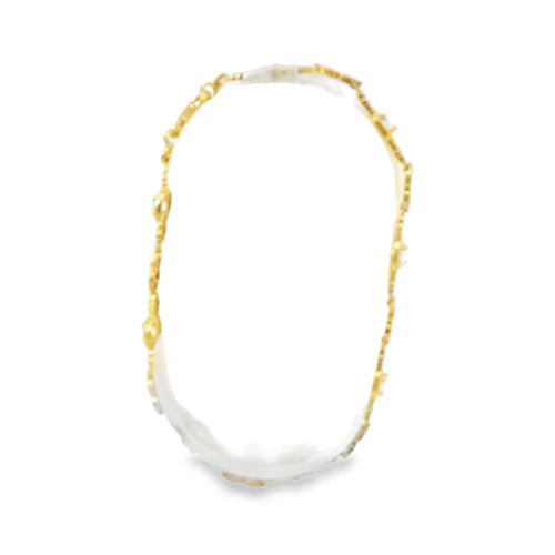 14KT Gold Bracelet Women's Tri Tone Tennis with Alternating White CZ Stones, Flowers, and Double Vertical Rose Gold and White Gold Hearts Pattern with Beaded Border and Lobster Clasp